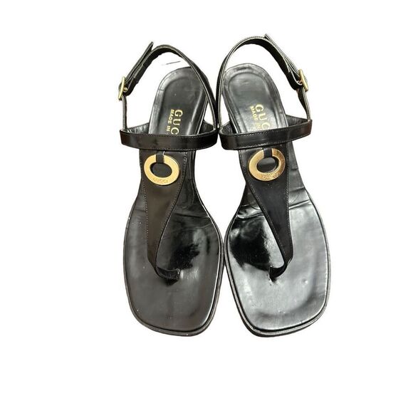 GUCCI Black Leather Slingback T Strap Sandals Size 71/2 - Picture 2 of 9
